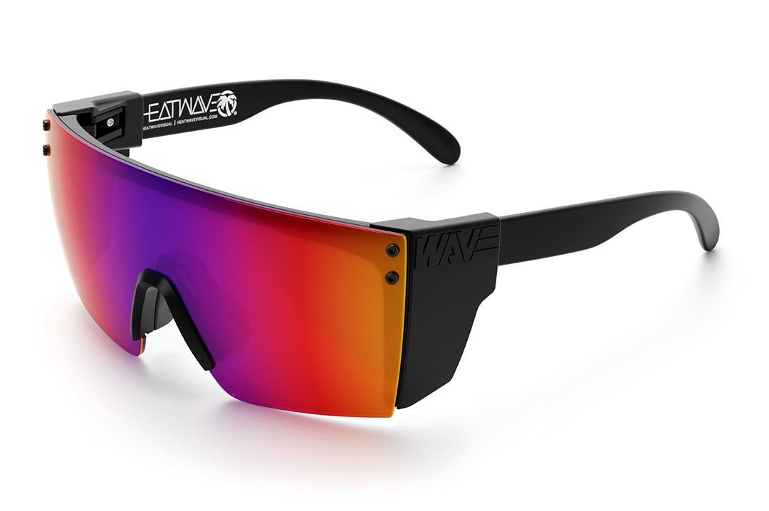 Heat Wave Visual Lazer Face Z87 Sunglasses with black frame, atmosphere red blue lens and black side shields.