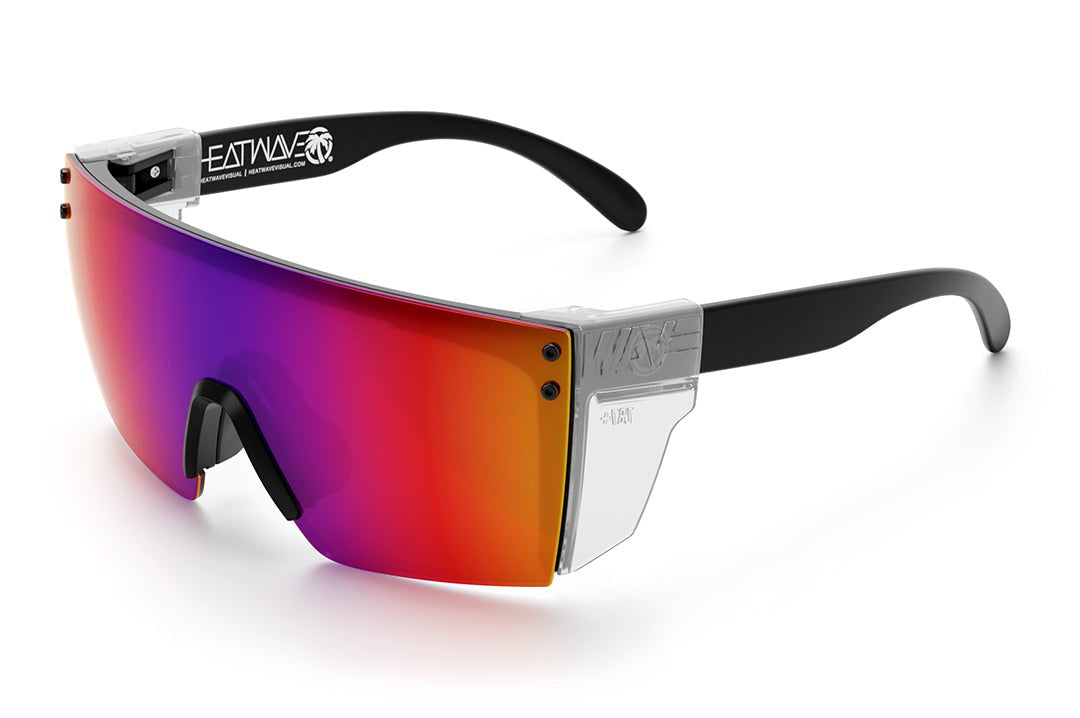Heat Wave Visual Lazer Face Z87 Sunglasses with black frame, atmosphere red blue lens and clear side shields.