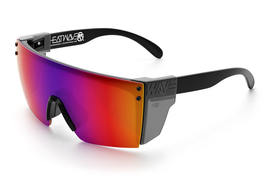 Heat Wave Visual Lazer Face Z87 Sunglasses with black frame, atmosphere red blue lens and smoke side shields.