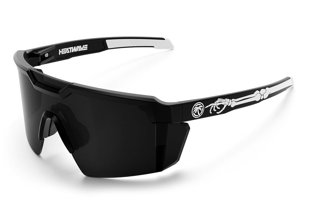 Heat Wave Visual Future Tech Sunglasses with black frame with bone print arms and black lens.