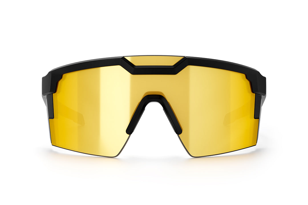Front of Heat Wave Visual Future Tech Sunglasses with black frame with camo print arms and gold lens.