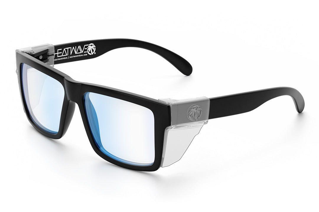 Heat Wave Visual Vise Z87 Sunglasses with black frame, blue light blocking lenses and clear side shields.
