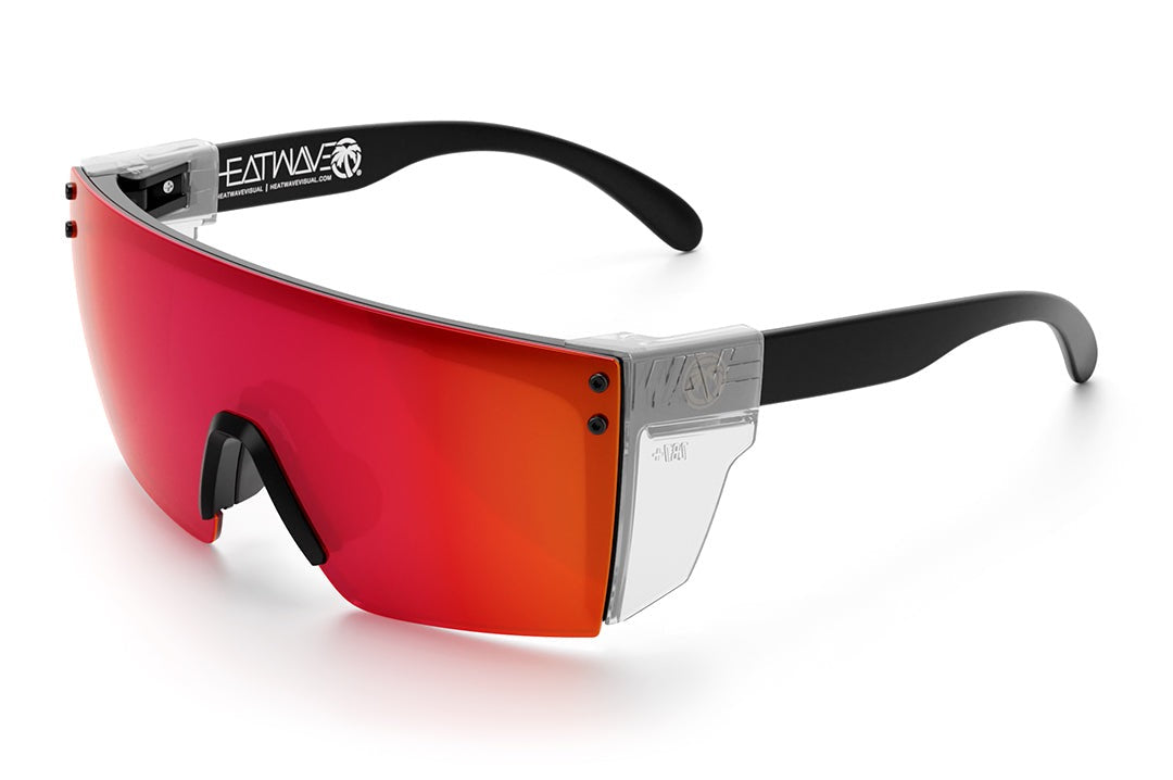 Heat Wave Visual Lazer Face Z87 Sunglasses with black frame, firestorm red lens and clear side shields.