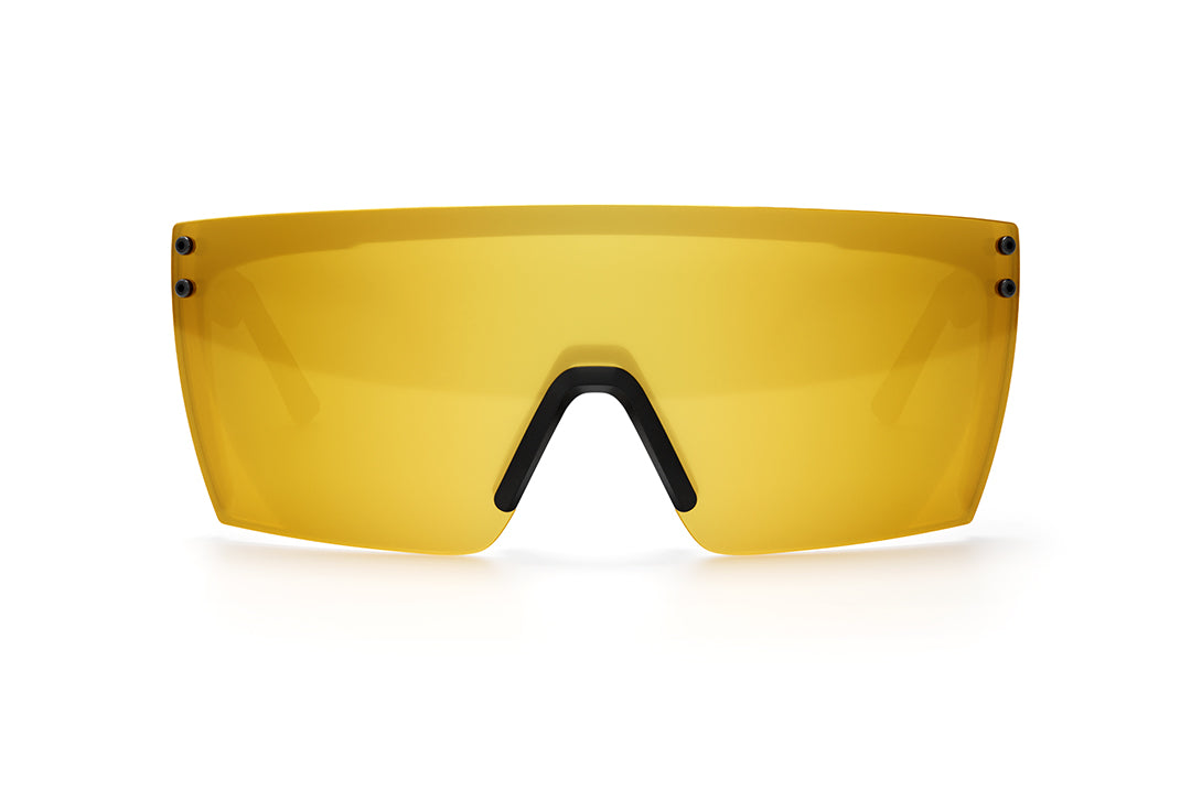 Front view of Heat Wave Visual Lazer Face Sunglasses with black frame, gold metal arms and gold lens.