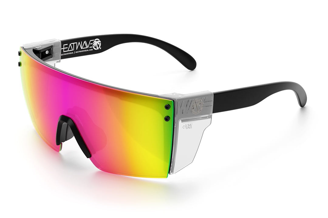 Heat Wave Visual Lazer Face Z87 Sunglasses with black frame, spectrum pink yellow lens and clear side shields.