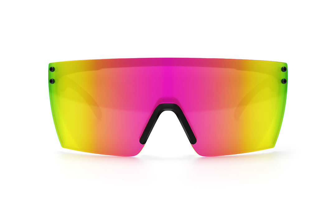 Front view of Heat Wave Visual Lazer Face Z87 Sunglasses with black frame and spectrum pink yellow lens.