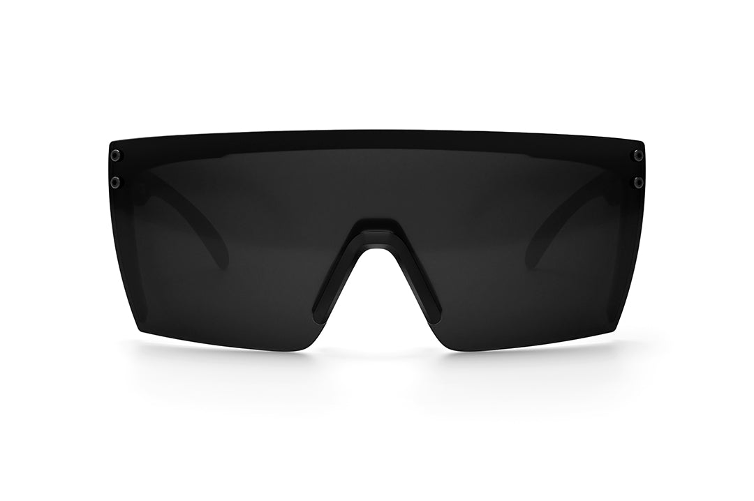 Front of Heat Wave Visual Lazer Face Sunglasses with black frame and anti fog black lens.
