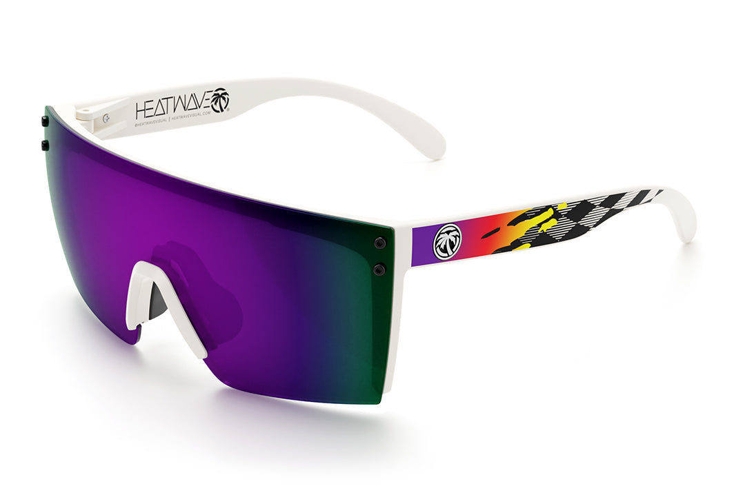 Heat Wave Visual Lazer Face Sunglasses with white frame, blurr print arms and ultra violet lens.