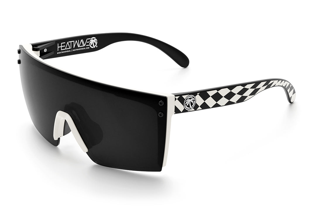 Heat Wave Visual Lazer Face Sunglasses with white frame, check m8 print arms and black lens.