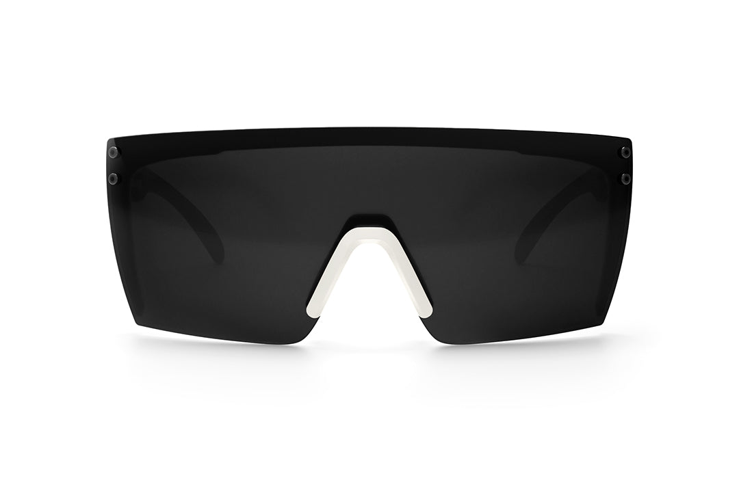 Front view of Heat Wave Visual Lazer Face Sunglasses with white frame, check m8 print arms and black lens.