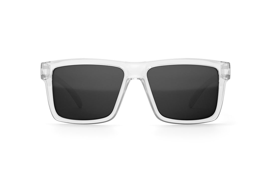 Front view of Heat Wave Visual Vise Sunglasses with clear frame and black lenses.