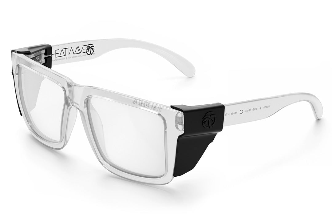 Heat Wave Visual XL Vise Sunglasses with clear frame, clear lenses and black side shields.