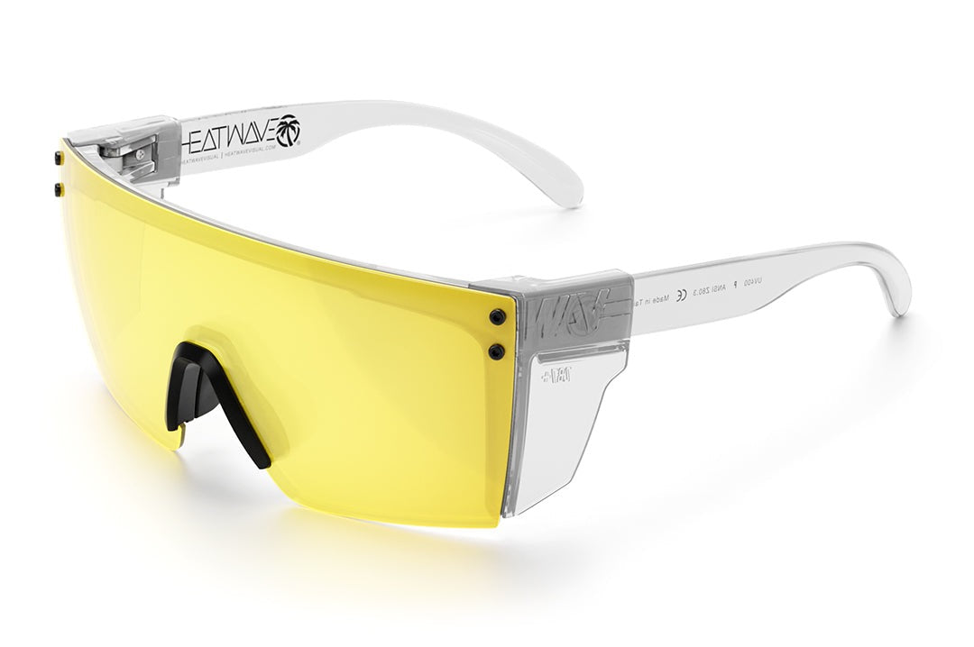 Heat Wave Visual Lazer Face Z87 Sunglasses with clear frame, black nose piece, hi-vis yellow lens and clear side shields.