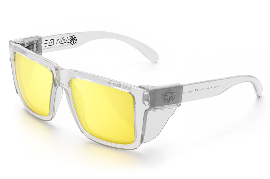 Heat Wave Visual XL Vise Sunglasses with clear frame, hi-vis yellow lenses and clear side shields.