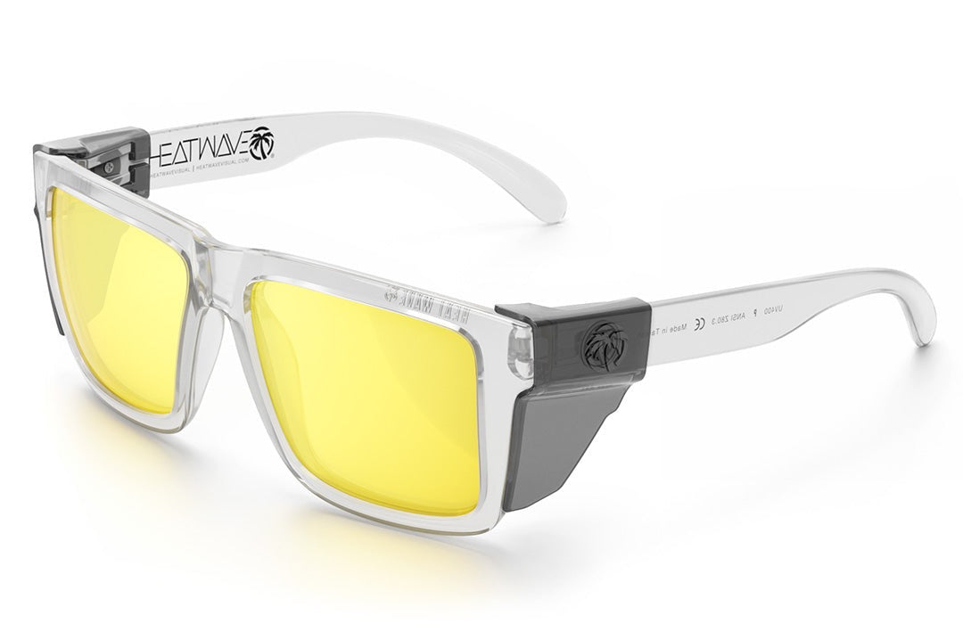 Heat Wave Visual XL Vise Sunglasses with clear frame, hi-vis yellow lenses and smoke side shields.