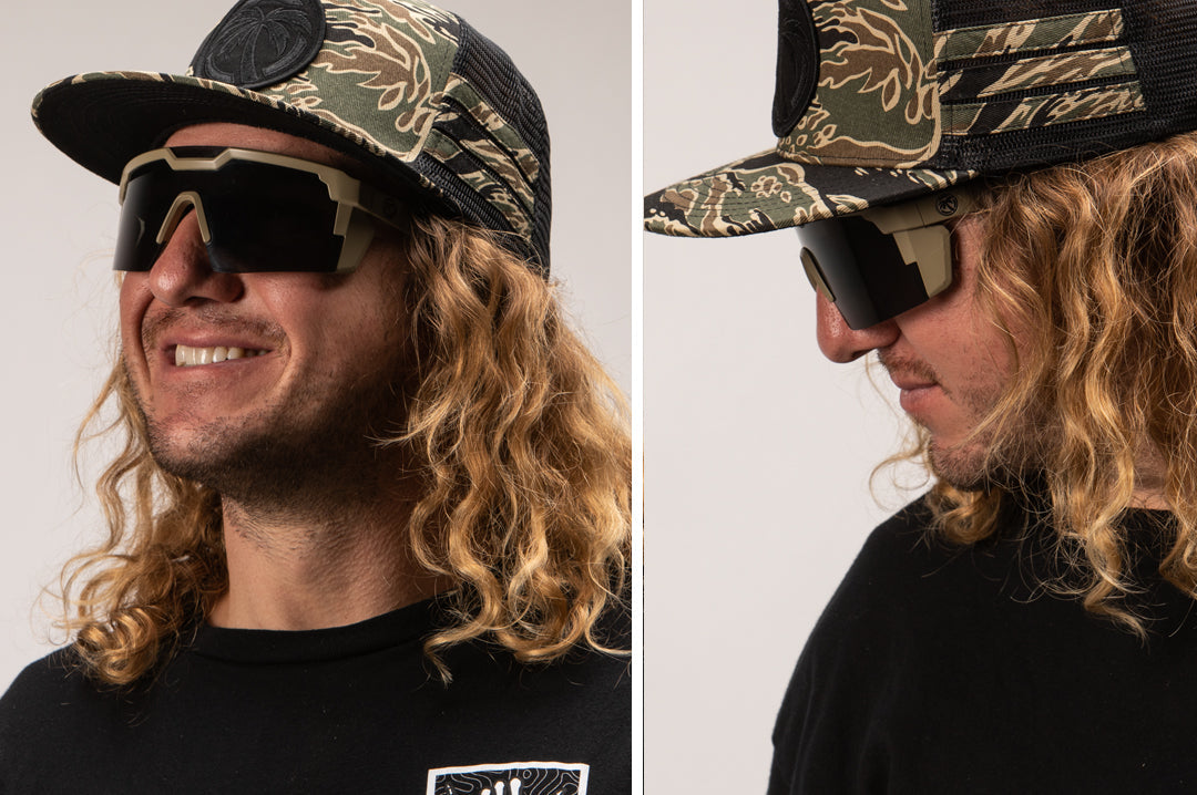 Blakey Wilkey wearing the Heat Wave Visual Future Tech Sunglasses with tan frame and black lens.