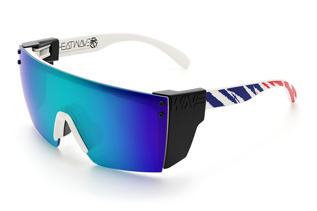 Heat Wave Visual Lazer Face Z87 Sunglasses with white frame, fireblade rwb print arms, galaxy blue lens and black side shields. 