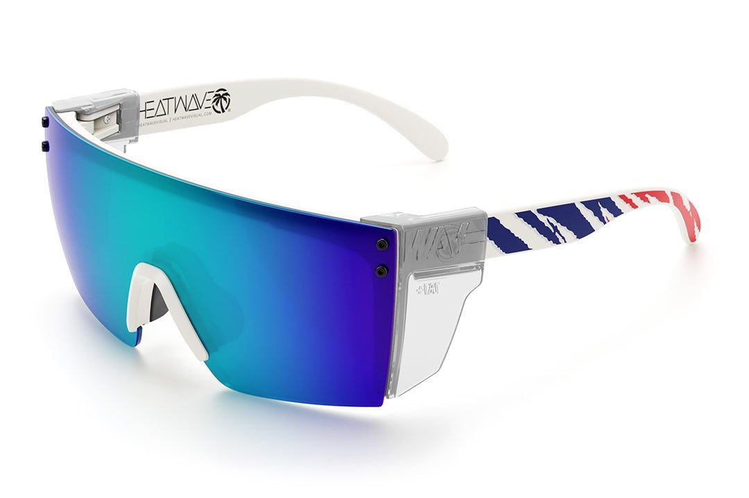 Heat Wave Visual Lazer Face Z87 Sunglasses with white frame, fireblade rwb print arms, galaxy blue lens and clear side shields. 