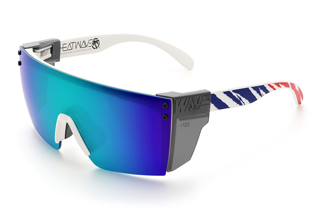 Heat Wave Visual Lazer Face Z87 Sunglasses with white frame, fireblade rwb print arms, galaxy blue lens and smoke side shields. 