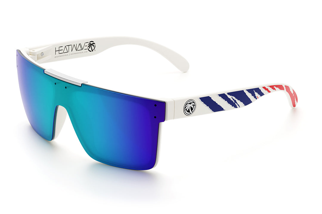 Heat Wave Visual Quatro Sunglasses with white frame, red white and blue print arms and galaxy blue lens.