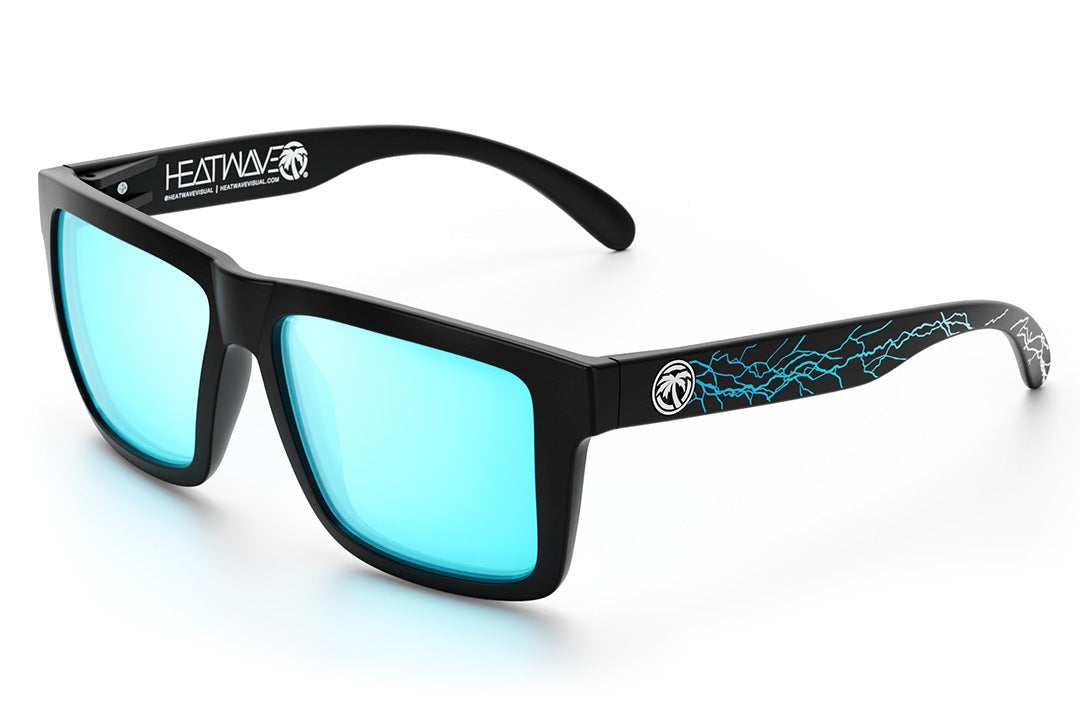 Heat Wave Visual XL Vise Sunglasses with black frame, hard rain print arms and arctic chrome lenses.