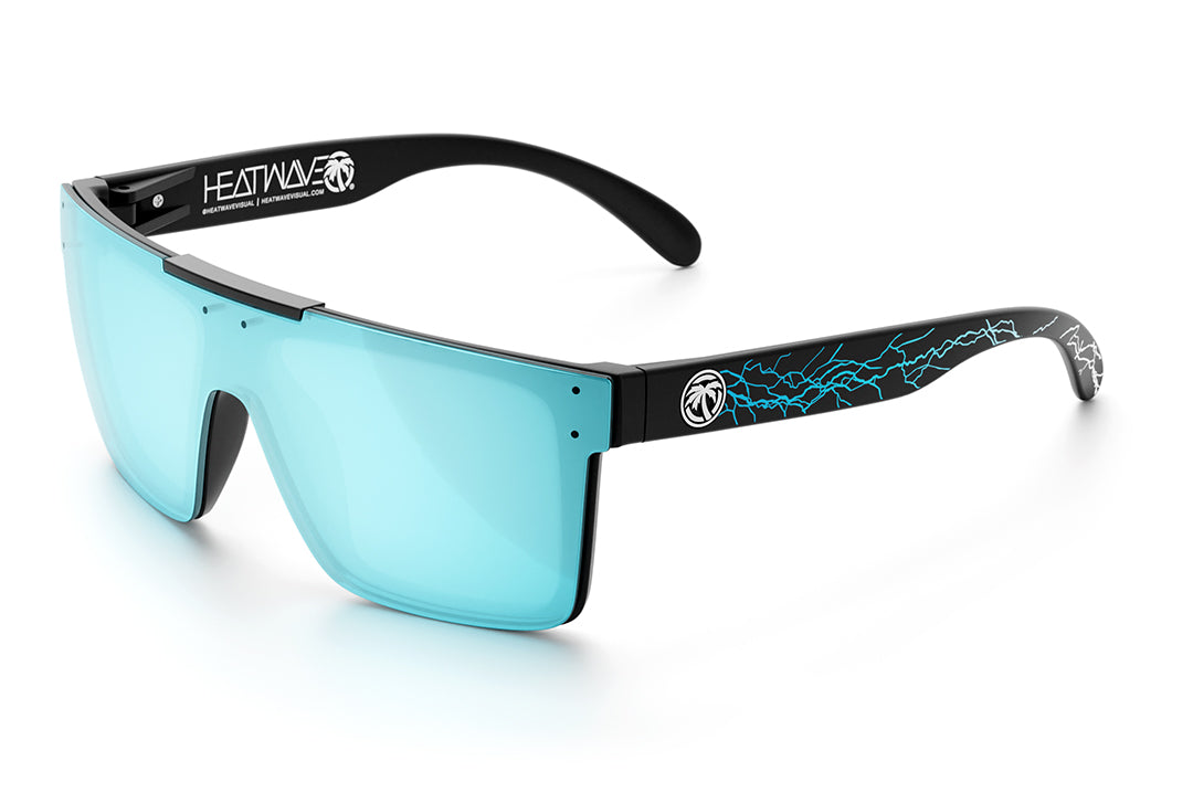 Heat Wave Visual Quatro Sunglasses with black frame, hard rain print arms and arctic chrome lens.