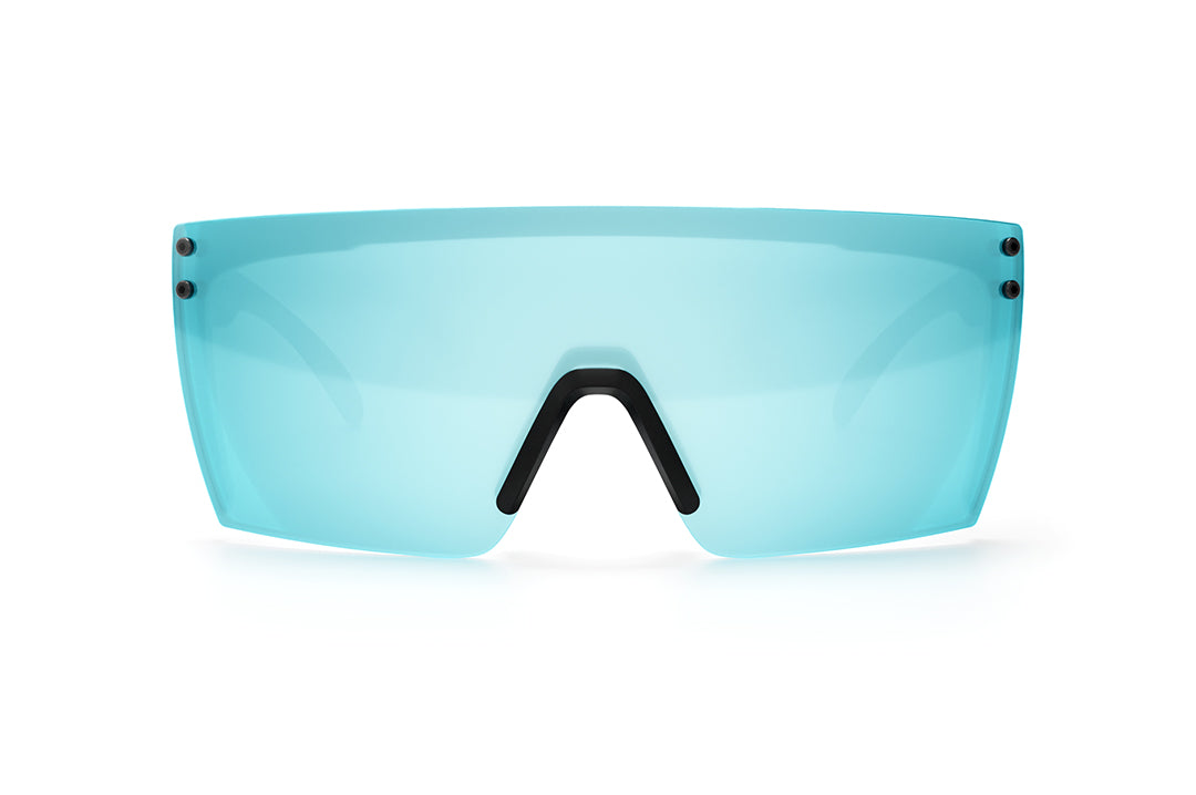 Front view of Heat Wave Visual Lazer Face Sunglasses with black frame, hard rain print arms and arctic chrome lens. 