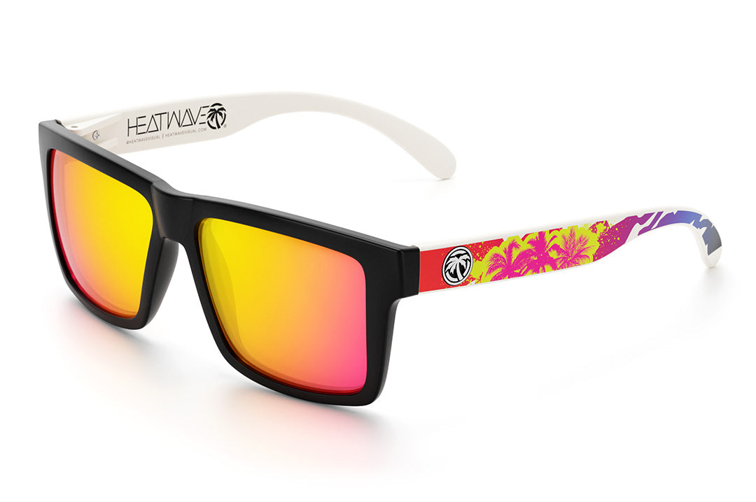 Heat Wave Visual Vise Sunglasses with black frame, napalm print arms and tropic pink yellow lenses.