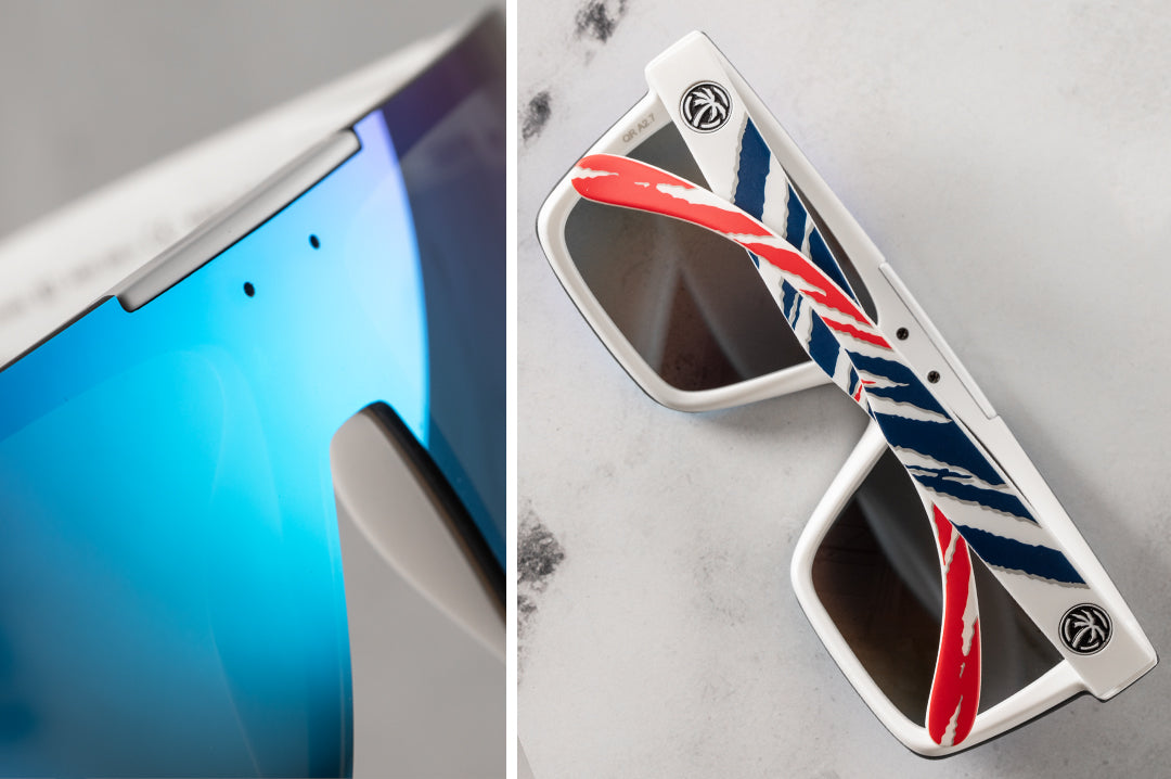 Back of Heat Wave Visual Quatro Sunglasses with white frame, red white and blue print arms and galaxy blue lens.