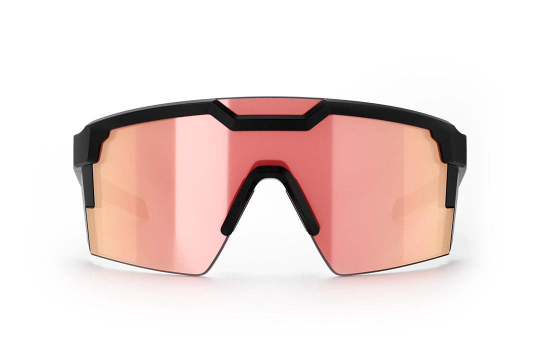 Front of Heat Wave Visual Future Tech Sunglasses with black frame and rose gold lens.