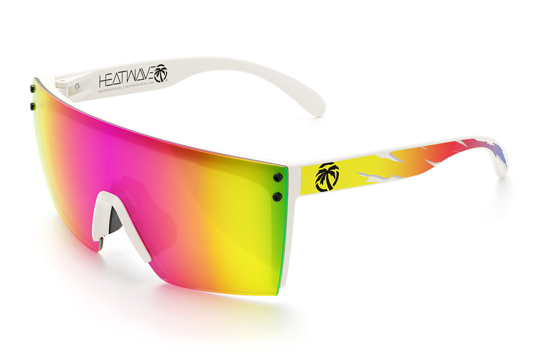 Heat Wave Visual Lazer Face Sunglasses with white frame, racing print arms and spectrum pink yellow lens.
