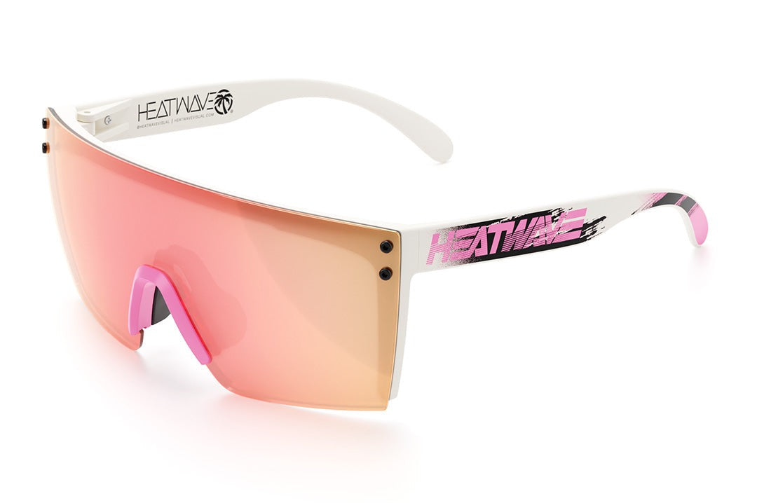 Heat Wave Visual Lazer face Z87 Sunglasses with white frame, reactive print arms and rose gold lens.