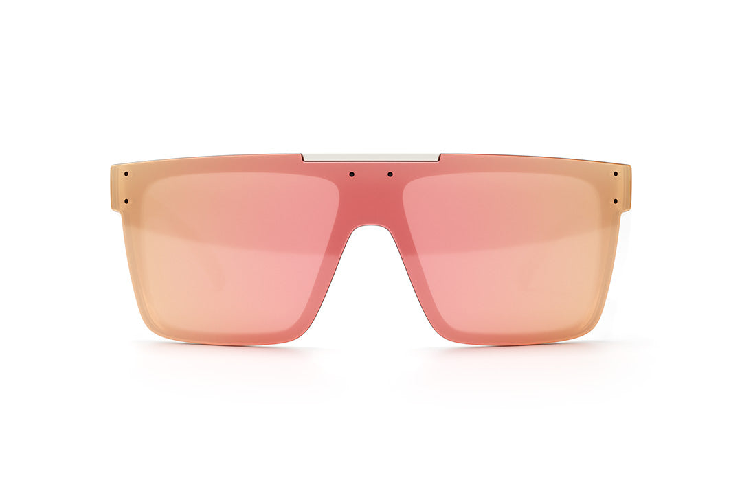 Front of Heat Wave Visual Quatro Sunglasses with white frame, pink logo print arms and rose gold lens.