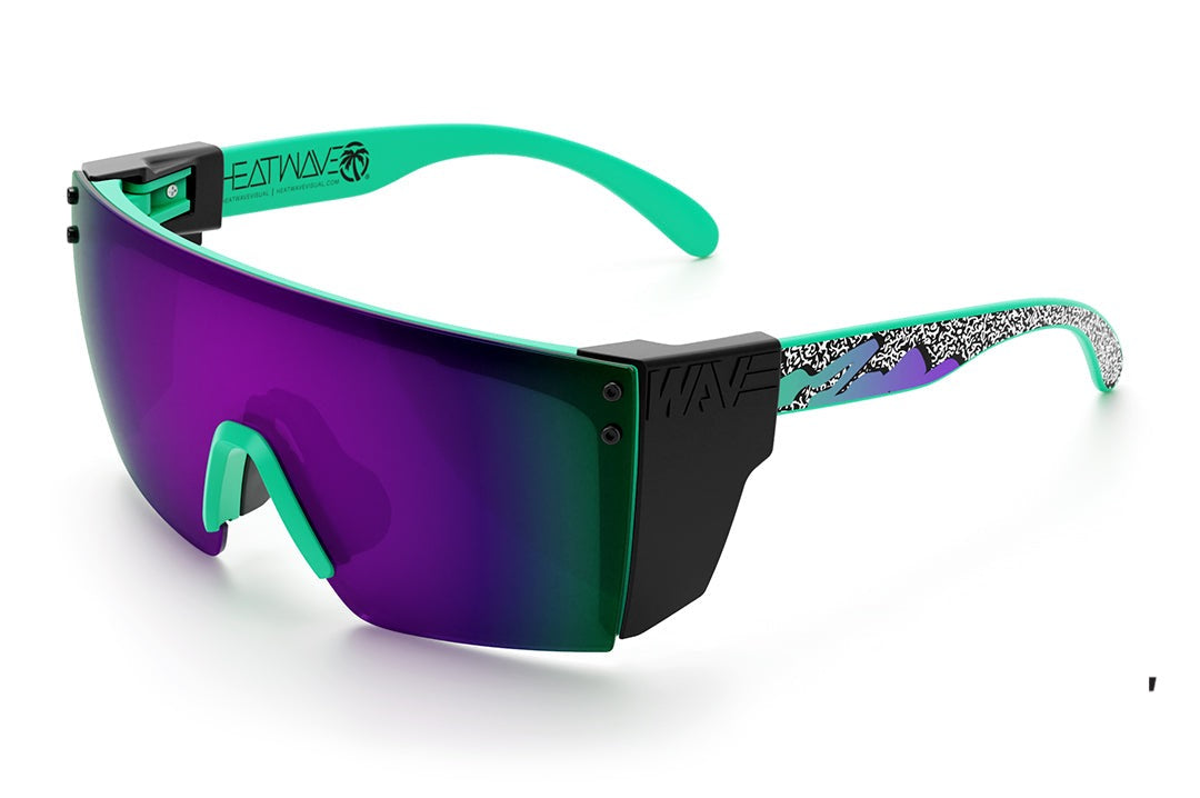 Heat Wave Visual Lazer Face Z87 Sunglasses with green frame, scribble print arms, ultra violet lens and black side shields.