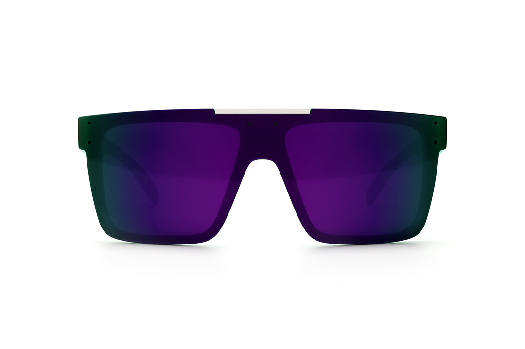 Front of Heat Wave Visual Quatro Sunglasses with green frame, eighties themed print arms and ultra violet lens.