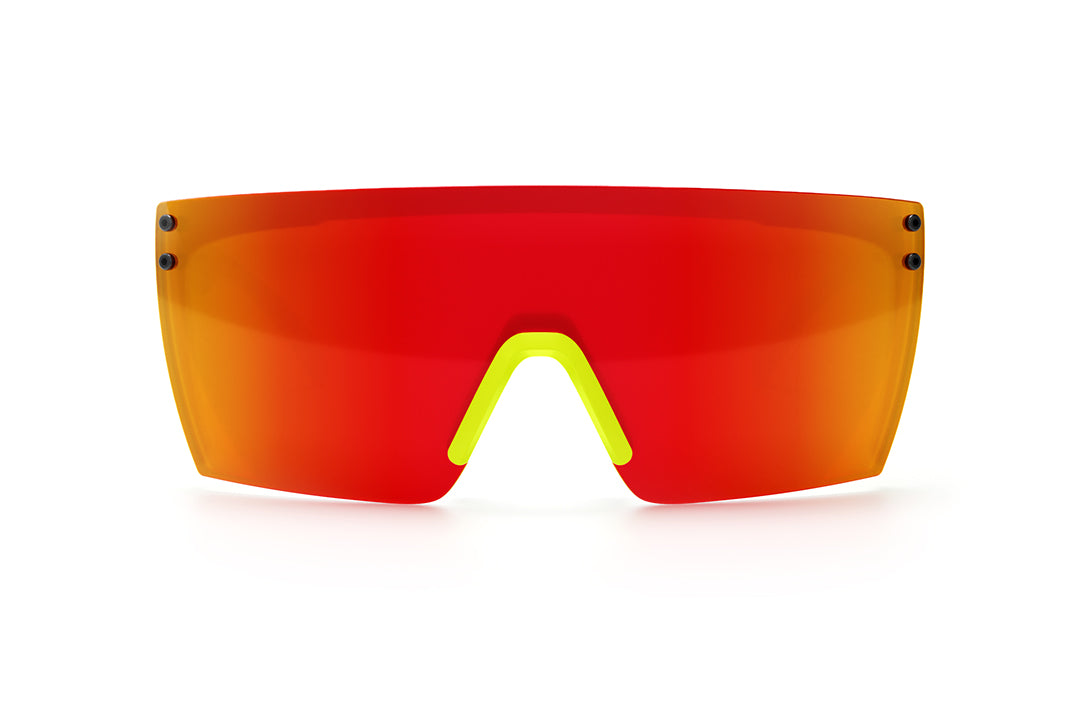 Front view of Heat Wave Visual Lazer Face Z87 Sunglasses with neon yellow frame, sparky print arms and sunblast orange yellow lens.