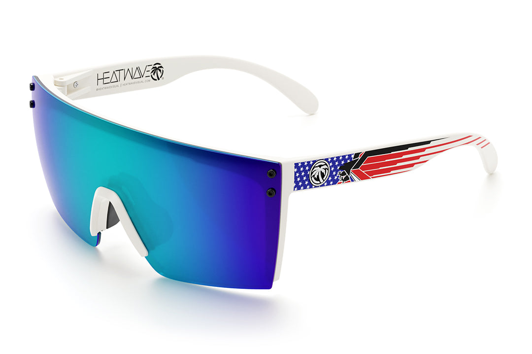 Heat Wave Visual Lazer Face Sunglasses with white frame, speed eagle print arms and galaxy blue lens.