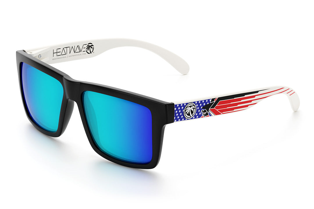 Heat Wave Visual Vise Sunglasses with black frame, red white blue speed eagle print arms and galaxy blue lenses.