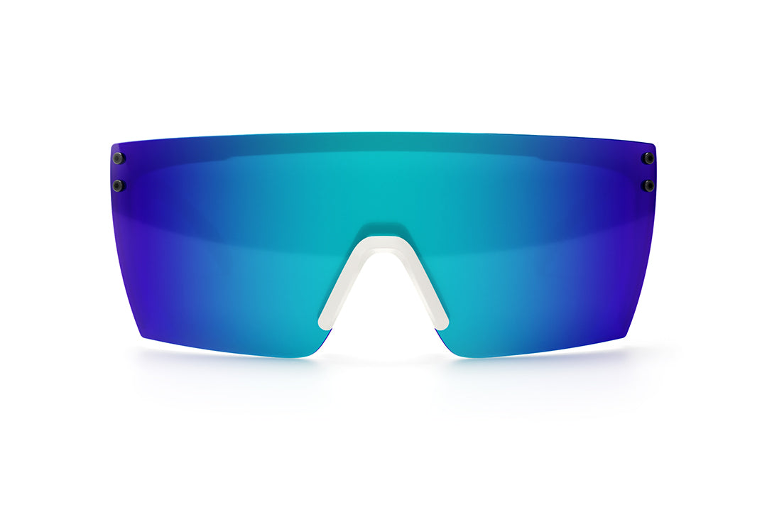 Front view of Heat Wave Visual Lazer Face Sunglasses with white frame, speed eagle print arms and galaxy blue lens.