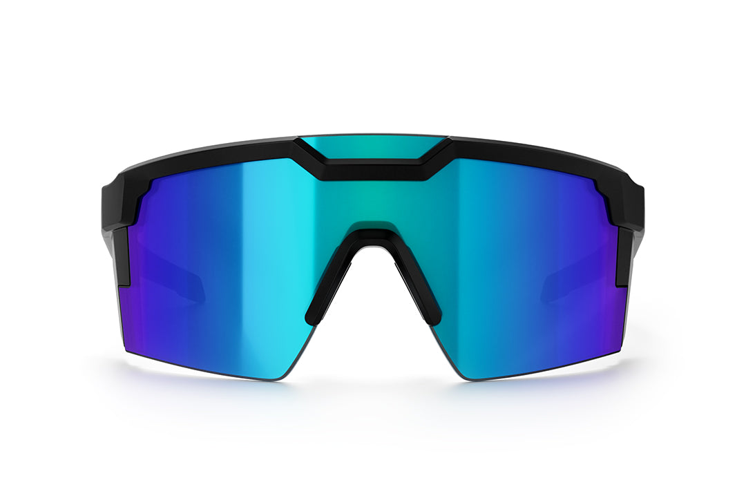 Front of Heat Wave Visual Future Tech Sunglasses with black frame with USA print arms and galaxy blue lens.
