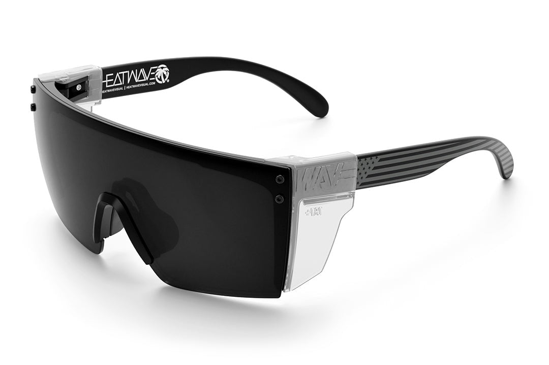 Heat Wave Visual Lazer Face Z87 Sunglasses with black frame, socom print arms, black lens and clear side shields.