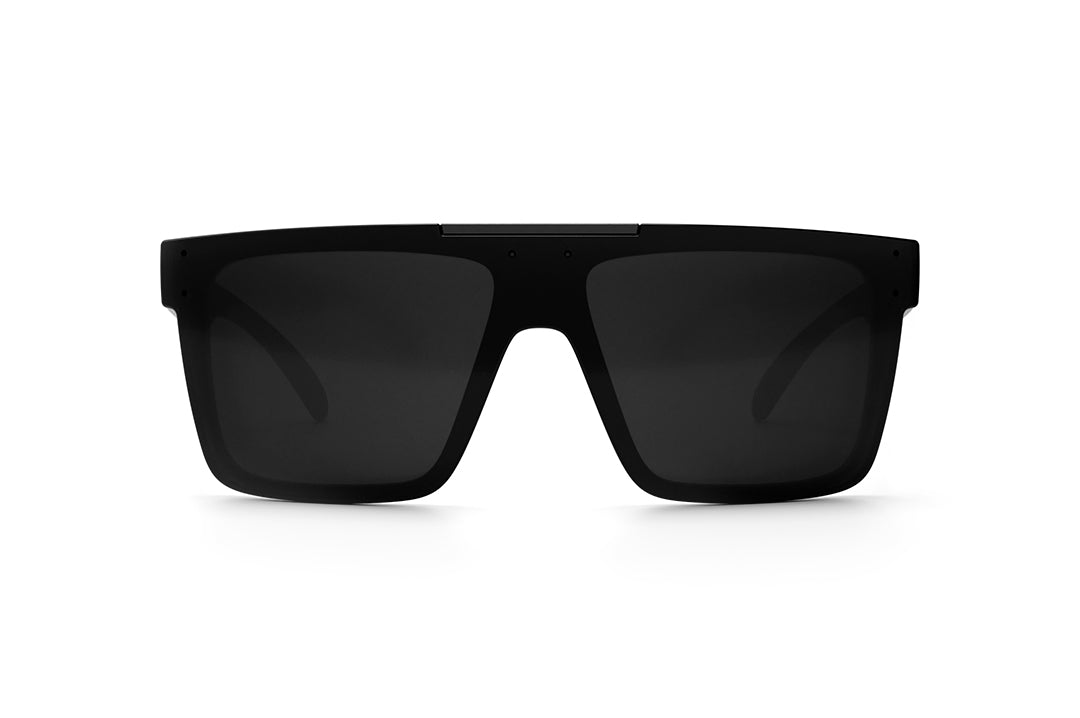 Front view of Heat Wave Visual Quatro Sunglasses with black frame, socom print arms and black lens.