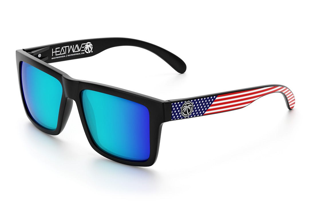 Heat Wave Visual Vise Sunglasses with black frame, USA print arms and galaxy blue lenses.