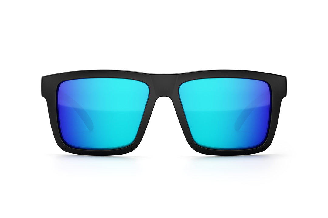 Front view of Heat Wave Visual XL Vise Sunglasses with black frame, USA print arms and galaxy blue lenses. 