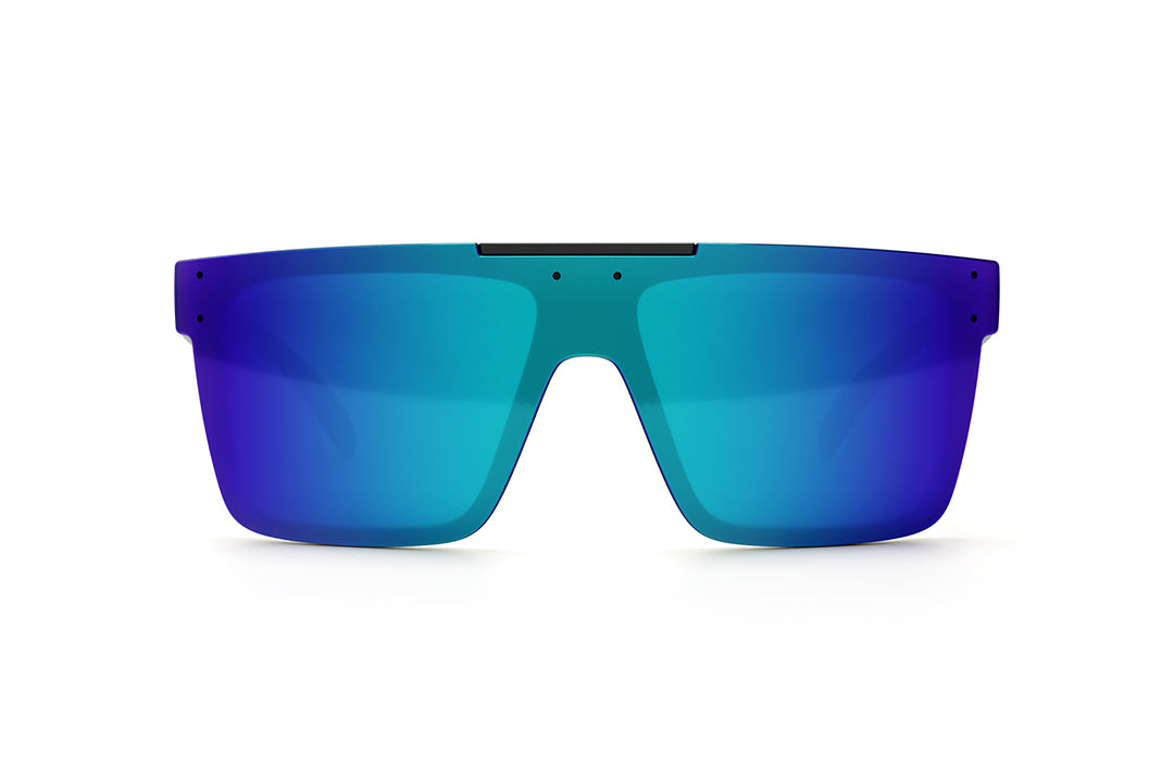 Front of Heat Wave Visual Quatro Sunglasses with black frame, static print arms and galaxy blue lens.