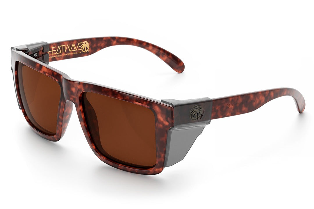 Heat Wave Visual XL Vise Sunglasses with tortoise frame, tortoise arms, brown lenses and smoke side shields.
