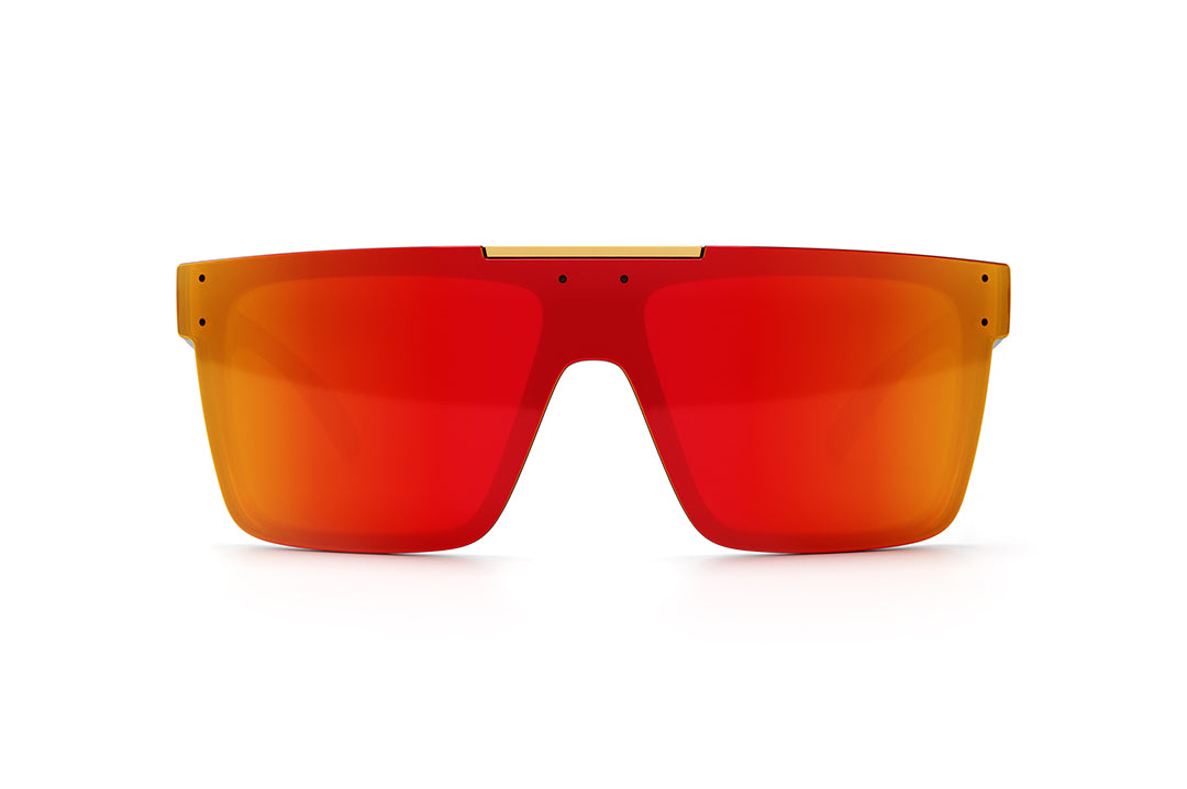 Front view of Heat Wave Visual Quatro Sunglasses with black frame, turbo print arms and sunblast orange yellow lens.