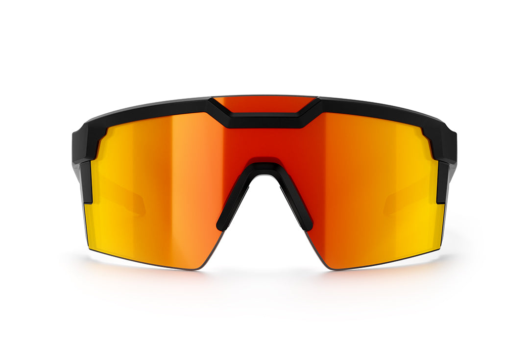 Front of Heat Wave Visual Future Tech Sunglasses with black frame with turbo print arms and orange yellow lens.