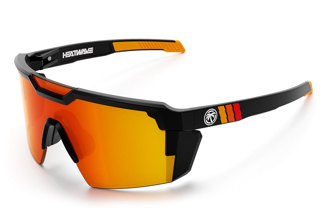 Heat Wave Visual Future Tech Sunglasses with black frame with turbo print arms and orange yellow lens.