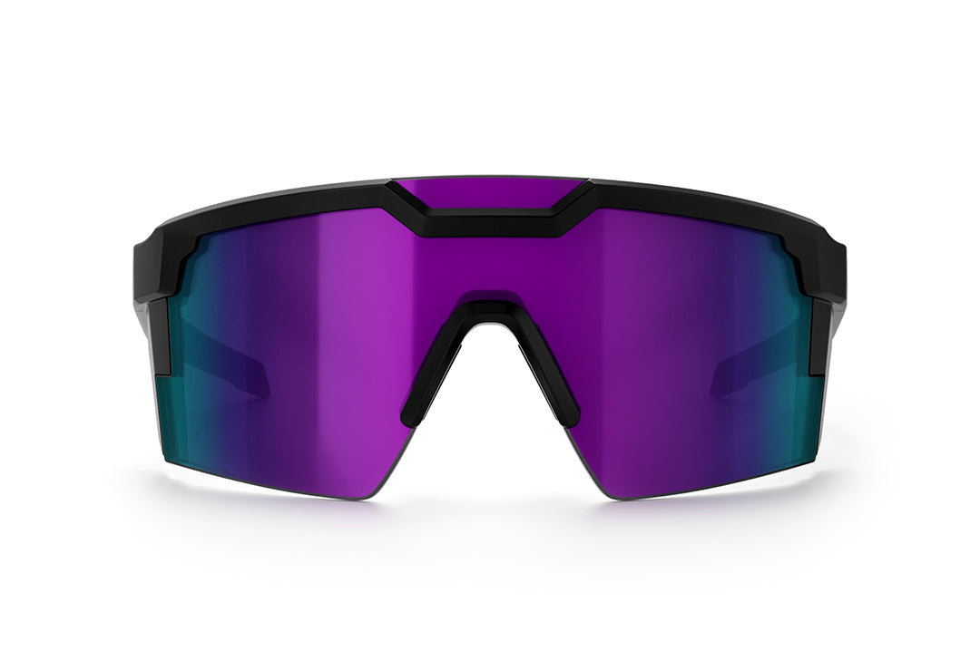 Front of Heat Wave Visual Future Tech Sunglasses with black frame and ultra violet lens.